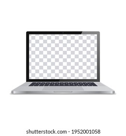 Realistischer Laptop mit transparentem Bildschirm auf weißem Hintergrund. Zur Verwendung in Aufnahmen und Präsentationen. Vektorgrafik.