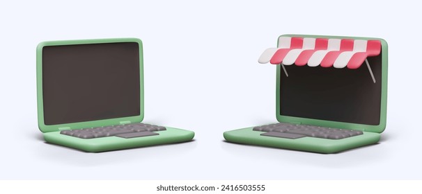 Realistic laptop, view from different sides. Online store concept, ecommerce