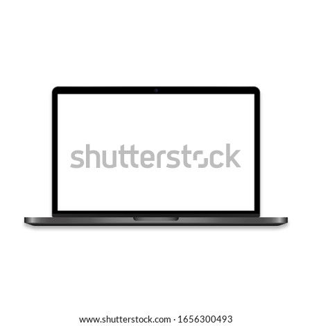 Realistic laptop with web camera in grey metal style. Computer screen in space grey design. Mockup of modern notebook with keyboard and monitor. Blank screen of pc device. Vector EPS 10
