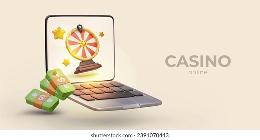 Realistic laptop with wheel of fortune on screen. Bundles of green banknotes, gold stars. Vector horizontal concept in cartoon style. Online casino ads