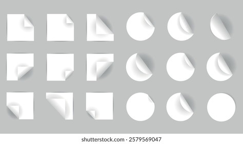 Realistic large set of white stickers in the shape of a square and a circle with a curved corner. Collection of vector classic paper adhesive sticker layouts.	