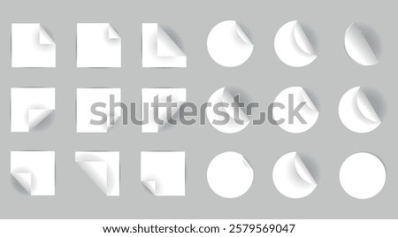 Realistic large set of white stickers in the shape of a square and a circle with a curved corner. Collection of vector classic paper adhesive sticker layouts.	