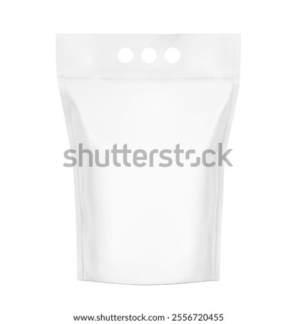 Realistic large stand up pouch bag mockup with zip lock and finger handle, transparent shadow. Front view. Vector illustration isolated on white background. Ready for your design. EPS10.