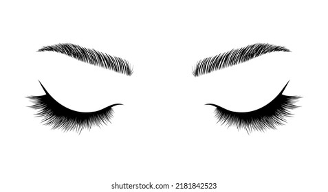 Realistic lashes on white background. Woman with closed eyes and brows icon. Lamination and extension eyelashes. Beauty studio logo. Linear vector Illustration in trendy minimalist style.