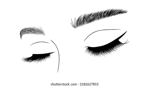 Realistic lashes on white background. Woman with closed eyes and brows icon. Lamination and extension eyelashes. Beauty studio logo. Linear vector Illustration in trendy minimalist style.