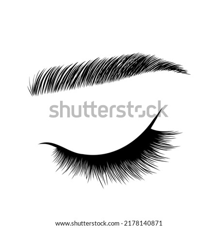 Realistic lashes on white background. Female closed eyes and brows. Lamination and extension eyelashes. Beauty studio logo. Linear vector Illustration in trendy minimalist style.