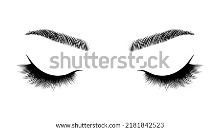 Realistic lashes on white background. Woman with closed eyes and brows icon. Lamination and extension eyelashes. Beauty studio logo. Linear vector Illustration in trendy minimalist style.