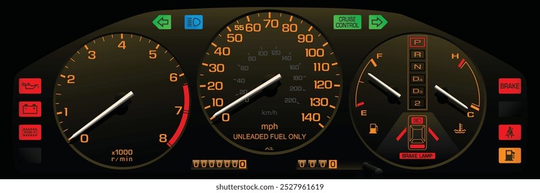 Realistic late 80s era US specs sport lift back car instrument panel with programmed fuel injection and automatic transmission orange theme illustration vector.