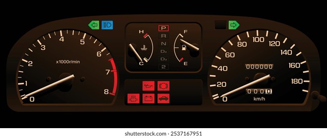 Realista finales de los años 80 japonés clásico hatchback panel de instrumentos con carburador motor de gasolina transmisión automática sin mal funcionamiento indicador de luz Vector de ilustración.