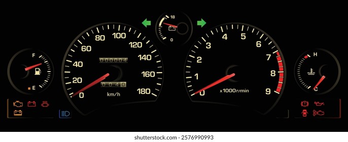 Realistic late 80s Japanese midship sport coupe gauge cluster in gasoline engine with manual automatic gearbox included battery electrolyte fluid level warning light illustration vector. 