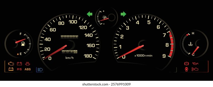 Realistic late 80s Japanese midship sport coupe gauge cluster in turbo intercooler gasoline engine manual gearbox with full function illumination illustration vector.