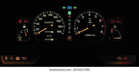 Realistic late 80s Japanese minivan analog gauge cluster with electronic fuel injected and automatic transmission included illustration vector.