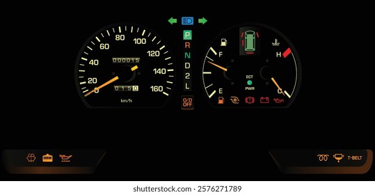 Realistic late 80s Japanese minivan analog gauge cluster with turbo diesel engine and automatic transmission and safety indicator without tachometer illustration vector.