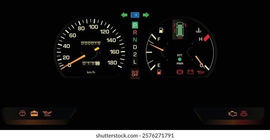 Realistic late 80s Japanese minivan analog gauge cluster with electronic fuel injected engine and automatic transmission and safety indicator without tachometer illustration vector.