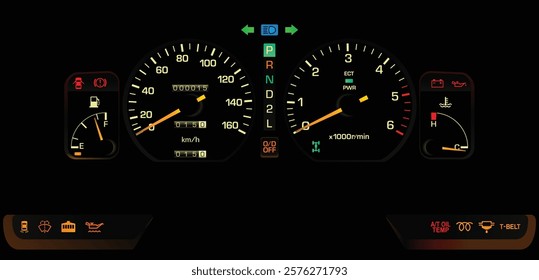 Realistic late 80s Japanese minivan analog gauge cluster with diesel engine and 4 wheels drive automatic transmission function illustration vector.