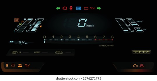 Realistic late 80s Japanese minivan digital gauge cluster with electronic fuel injected and automatic transmission included electric damper illustration vector.