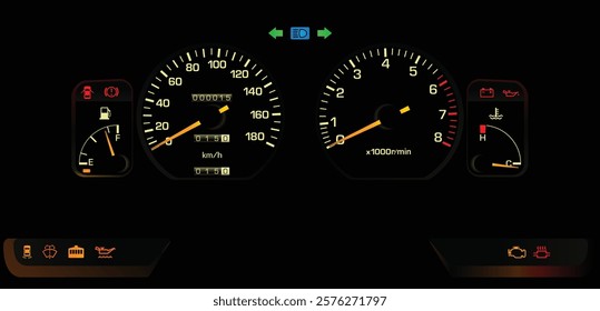 Realistic late 80s Japanese minivan analog gauge cluster with electronic fuel injected and manual transmission included low red line tachometer illustration vector.