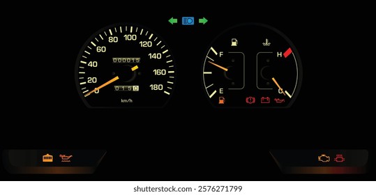 Realistic late 80s Japanese minivan analog gauge cluster with electronic fuel injected engine and manual transmission without safety indicator and tachometer illustration vector.