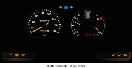 Realistic late 80s Japanese minivan analog gauge cluster with diesel engine and manual transmission and safety indicator without tachometer illustration vector.