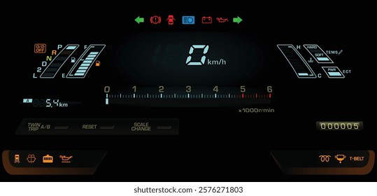 Realistic late 80s Japanese minivan digital gauge cluster with turbo diesel and automatic transmission included electric damper illustration vector.