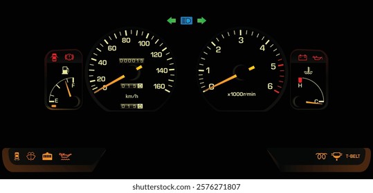 Realistic late 80s Japanese minivan analog gauge cluster with turbo diesel engine and manual transmission function illustration vector.