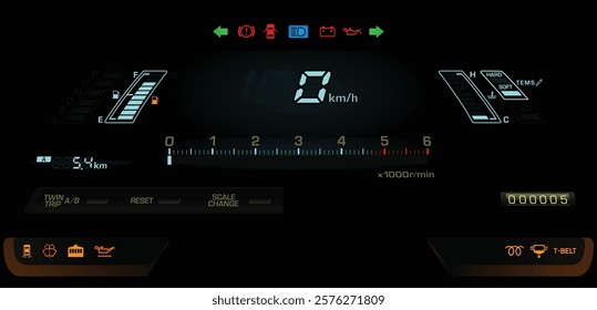 Realistic late 80s Japanese minivan digital gauge cluster with turbo diesel and manual transmission included electric damper illustration vector.