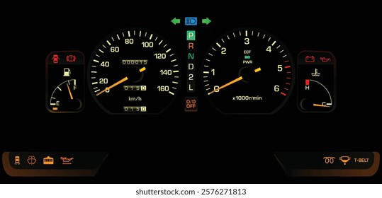 Realistic late 80s Japanese minivan analog gauge cluster with turbo diesel engine and automatic transmission function illustration vector.