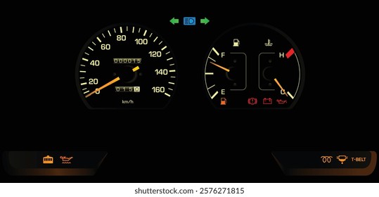 Realistic late 80s Japanese minivan analog gauge cluster with diesel engine and manual transmission without safety indicator and tachometer illustration vector.