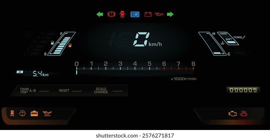 Realistic late 80s Japanese minivan digital gauge cluster with electronic fuel injected and manual transmission included electric damper illustration vector.