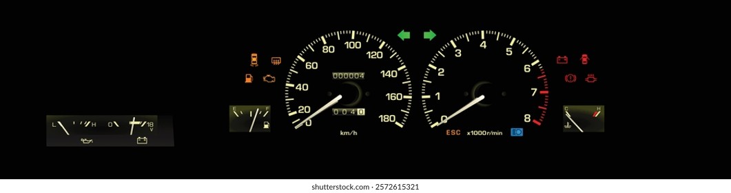 Realistic late 80s Japanese sport coupe analog gauge cluster in fuel injected gasoline engine and manual gearbox included oil press and volt meter included stability control lamp illustration vector.