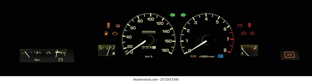 Realistic late 80s Japanese sport coupe analog gauge cluster in fuel injected gasoline engine and auto gearbox included oil press and volt meter included stability control lamp illustration vector.