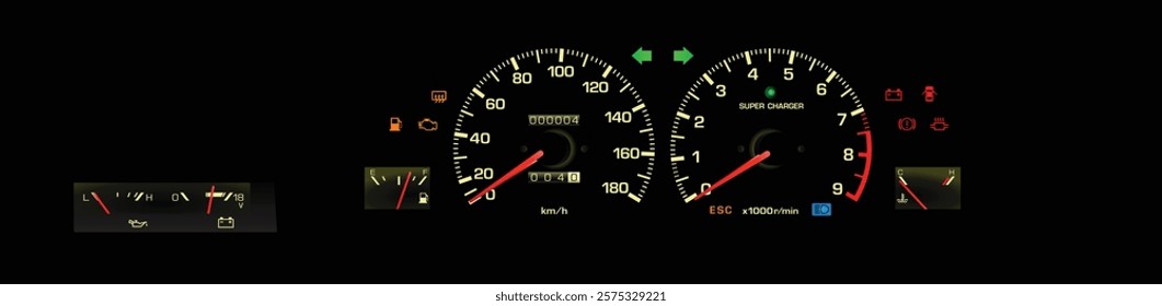 Realistic late 80s Japanese sport coupe analog red pointer gauge cluster in fuel injected gasoline engine and manual gearbox with supercharger boost light included oil press and volt meter vector.