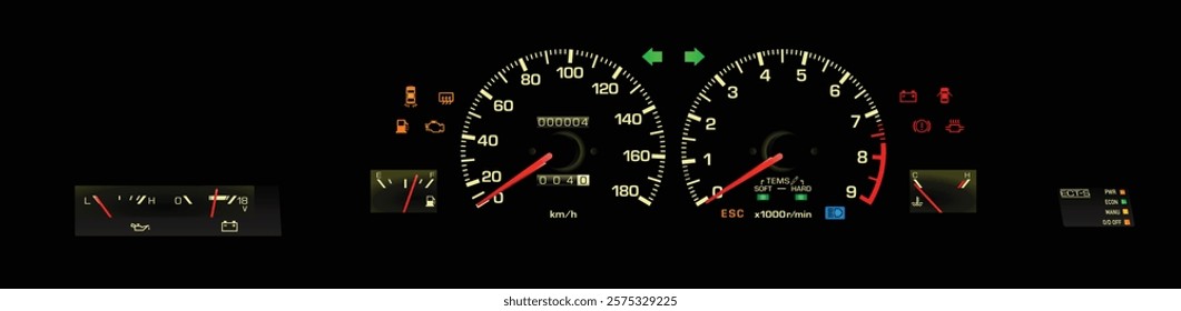 Realistic late 80s Japanese sport coupe analog red pointer gauge cluster in fuel injected gasoline engine and automatic gearbox with electric damper indicator included oil press and volt meter vector.