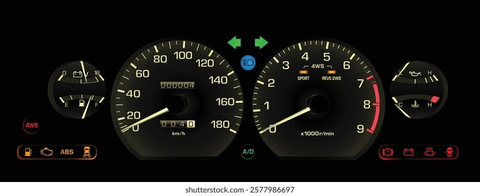 Realistic late 80s Japanese sport hardtop sedan in 4WS sporty specs gauge cluster with manual gearbox and electronic fuel injection engine included cruise control and ABS system illustration vector.