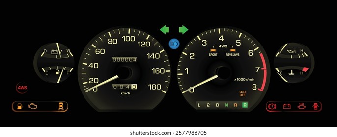 Realistic late 80s Japanese sport hardtop sedan in mid specs gauge cluster with auto gearbox and electronics central injection gasoline engine included 4 wheels steering system illustration vector.