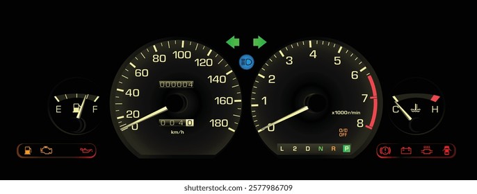 Realistic late 80s Japanese sport hardtop sedan in lower specs gauge cluster with automatic gearbox and electronics central injection gasoline engine illustration vector.