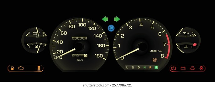 Realistic late 80s Japanese sport hardtop sedan in mid specs gauge cluster with automatic gearbox and electronics central injection gasoline engine included volt and oil pressure illustration vector.