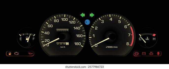 Realistic late 80s Japanese sport hardtop sedan in lower specs gauge cluster with manual gearbox and electronics central injection gasoline engine illustration vector.