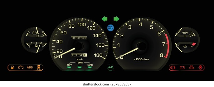 Realistic late 80s Japanese sport hardtop sedan in high specs gauge cluster with manual gearbox and electronics fuel injection engine included electric damper and cruise illustration vector.