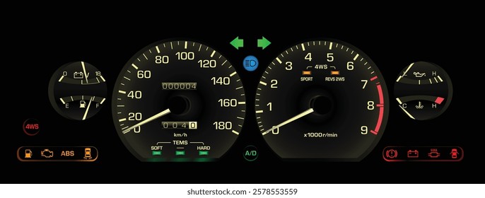 Realistic late 80s Japanese sport hardtop sedan in 4WS sporty specs gauge cluster with manual gearbox and electronic fuel injection engine included electric damper and cruise illustration vector.