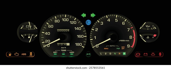 Realistic late 80s Japanese sport hardtop sedan in top specs gauge cluster with automatic gearbox and electronics fuel injection engine included electric damper and cruise illustration vector.