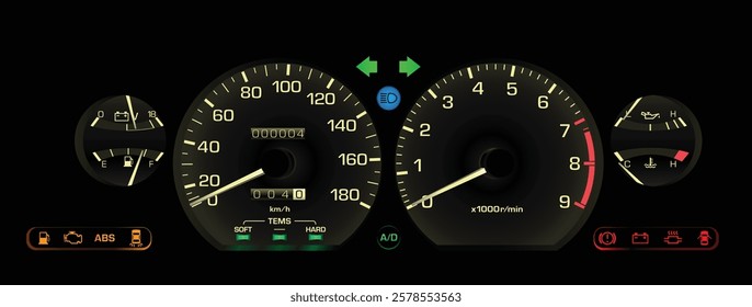 Realistic late 80s Japanese sport hardtop sedan in top specs gauge cluster with manual gearbox and electronics fuel injection engine included electric damper and cruise illustration vector.