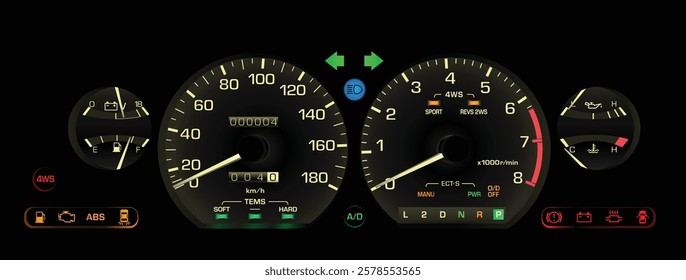 Realistic late 80s Japanese sport hardtop sedan in 4WS high specs gauge cluster with auto gearbox and electronic fuel injection engine included electric damper and cruise illustration vector.