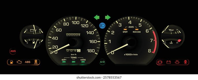 Realistic late 80s Japanese sport hardtop sedan in 4WS high specs gauge cluster with manual gearbox and electronic fuel injection engine included electric damper and cruise illustration vector.