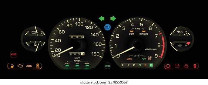 Realistic late 80s Japanese sport hardtop sedan in 4WS sporty specs gauge cluster with automatic gearbox and electronic fuel injection engine included electric damper and cruise illustration vector.