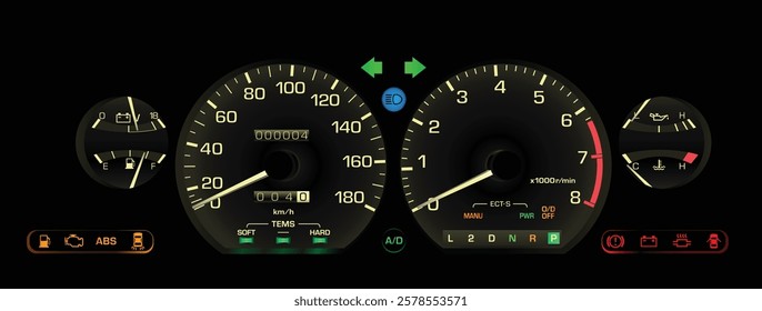 Realistic late 80s Japanese sport hardtop sedan in high specs gauge cluster with auto gearbox and electronics fuel injection engine included electric damper and cruise illustration vector.