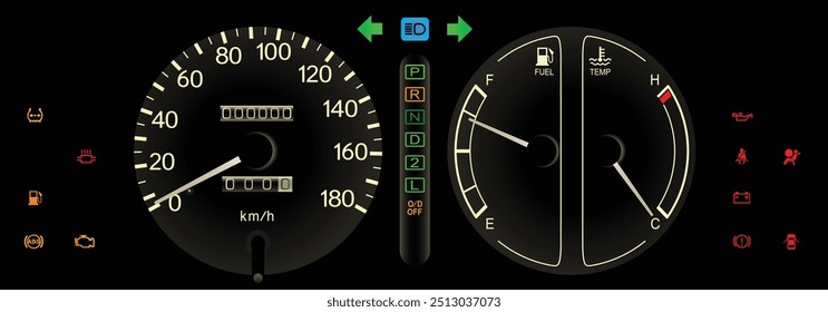 Realistic late 90s Japanese car mid trim Japanese specs instrument panel with automatic transmission include additional safety function indicator in white theme illustration vector.