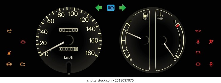 Realistic late 90s Japanese car mid trim Japanese specs instrument panel with manual transmission include additional safety function indicator in white theme illustration vector.