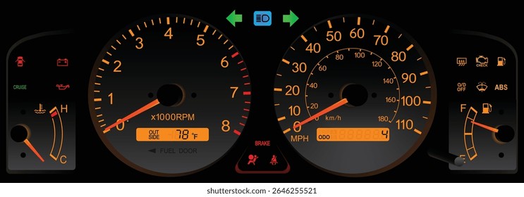 Realista final dos anos 90 Japonês carro de passeio guarnição EUA especificações branco calibre face painel de instrumentos com transmissão automática e pleno funcionamento em laranja e vermelho tema iluminação ilustração vetor.