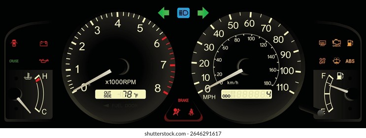 Realista final dos anos 90 Japonês carro top trim EUA especificações painel de instrumentos com transmissão automática e pleno funcionamento em branco tema iluminação ilustração vetor.